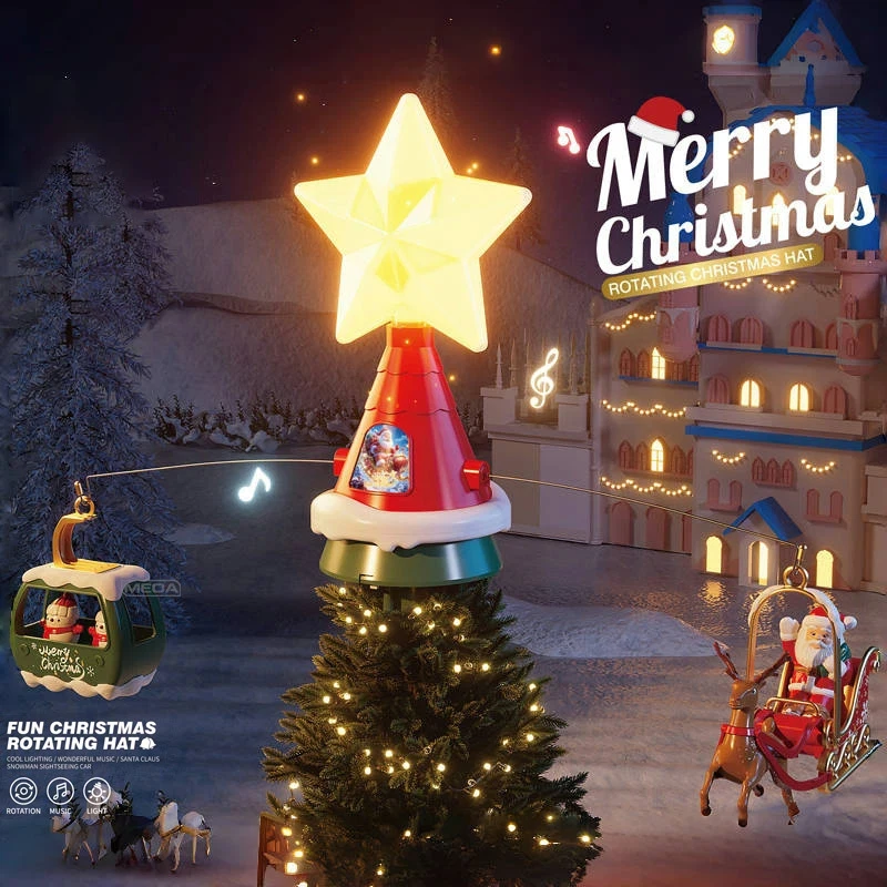 전기 회전 크리스마스 트리 탑 스타 음악 LED 조명 휴일 장식 순록 눈사람 장식품 어린이를위한 선물 장난감