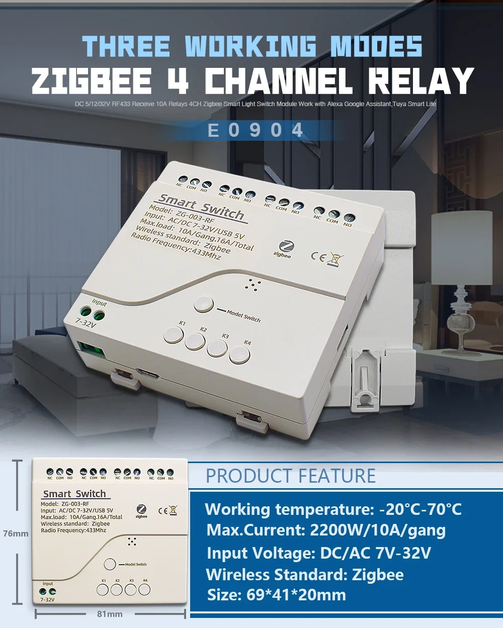 Zigbee Tuya 3,0 WIFI 1/2/4 canales módulo de interruptor inteligente AC DC 12V 24V RF433MHz interruptor de luz de Control remoto 10A relé de bloqueo automático