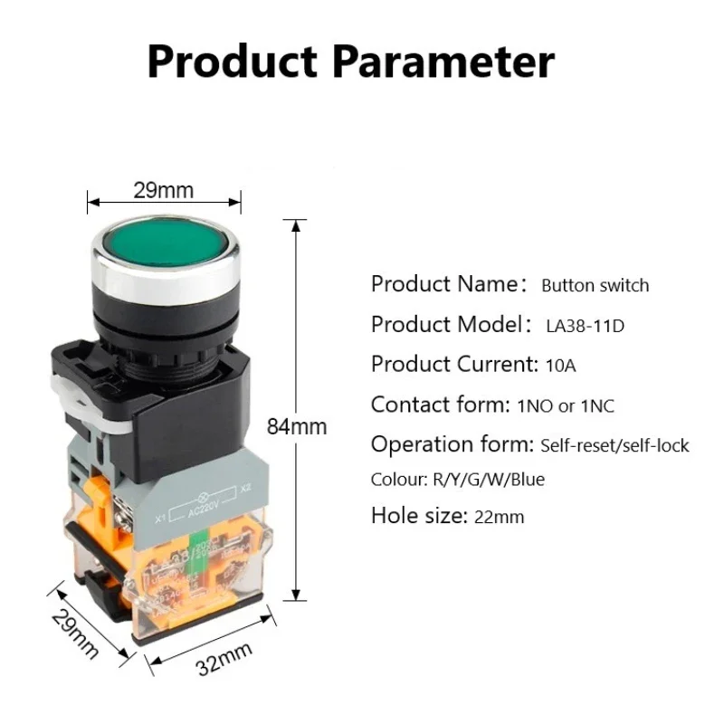 LA38-11D LED Button Switch AC220V Self-locking Self-resetting  Control Button 22mm ACDC12V 24V 36V 48V 110V