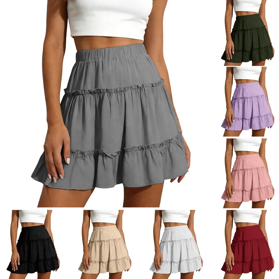 Women'S High Waist Mini Skirts Ruffle Tiered A Line Casual Beach Vacation Short Skirts Female Lining High Waist Mini Skirts