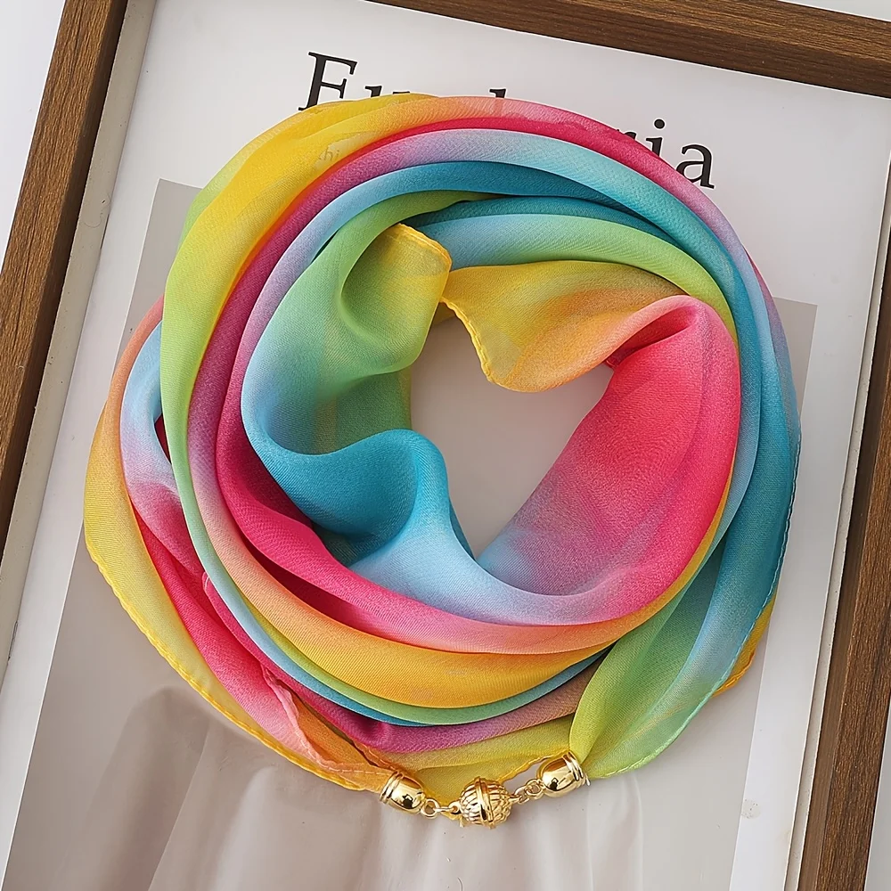 Lightweight Rainbow Gradient Magnetic Snap Scarf, Convenient Stylish Neck Gaiter, Women's Decorative Scarf for All Seasons
