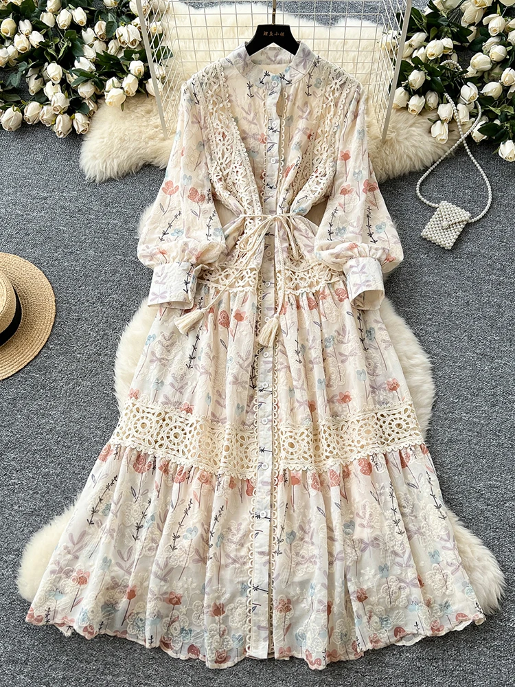 Spring Autumn Palace Style Lace Splicing Dress for Women French Retro Long Sleeve Printed Embroidered Long Dress D02