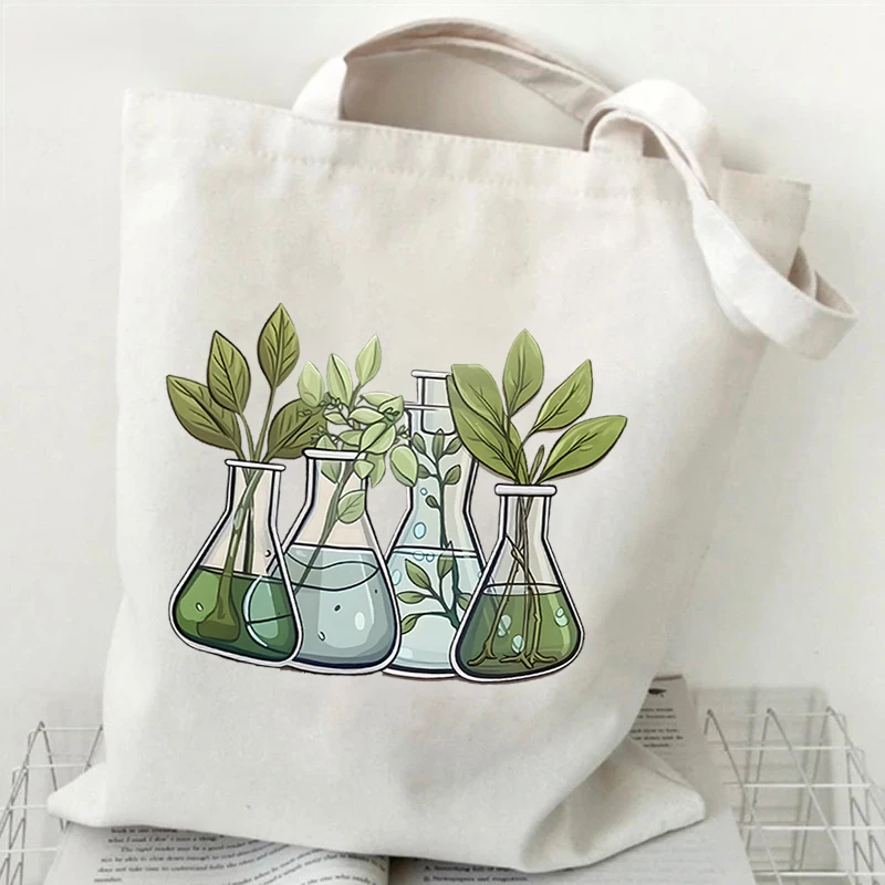 Vintage Microscope Flower Design Graphic Canvas Tote Shoulder Shopper Bags Storage Travel Bag Handbag & Shopping Gift Bag