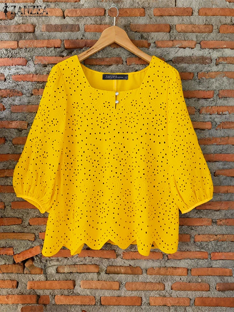 

ZANZEA Cotton Blusas Women Vintage Lace Top Fashion 3/4 Sleeve O Neck Blouse 2025 Autumn Solid Color Tuinc Casual Loose Pullover