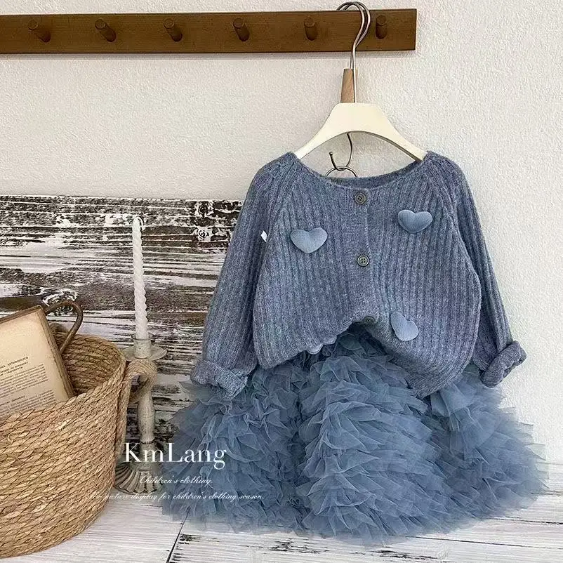 

Girls' Knitwear Set 2026 Autumn/Winter New Arrival Korean Style Heart-Print Knitted Cardigan Tutu Princess Two-Piece Set Trendy