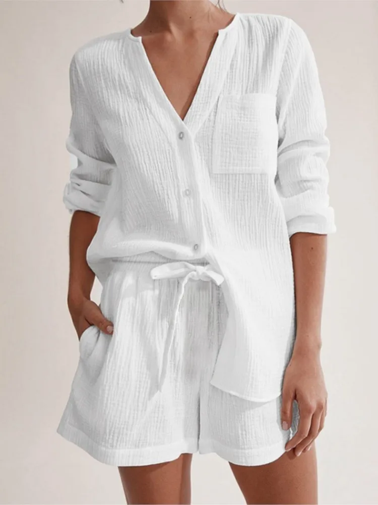 

Летний комплект из двух предметов: модные шорты и лонгслив для дома, новый элегантный повседневный свободный однотонный наряд для праздников и вечеринок, женский комплект из 2 предметов.