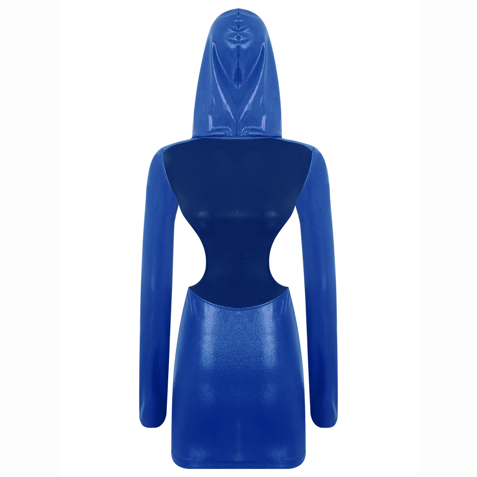 Women Sparkly Tight Fitting Bodycon Short Dress Hooded Long Sleeves Open Back Hollow Out Mini Dress Bar Nightclub Wear Costumes