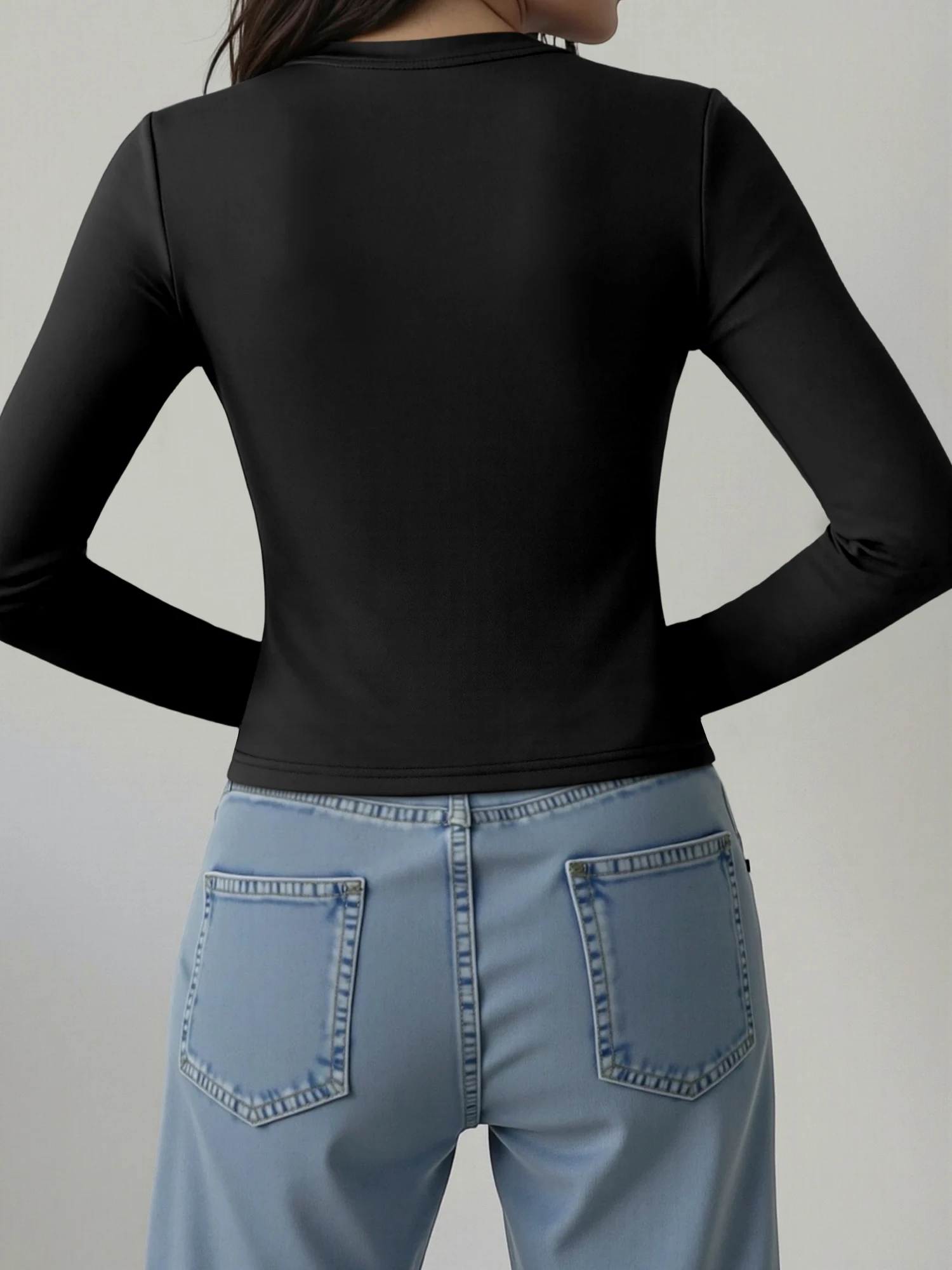 Ladies Y2K Spicy Girl Crew Neck Cropped Long Sleeve T-shirt Solid Soft Stretch Slim Tee Autumn Daily Street Casual Tops view 3