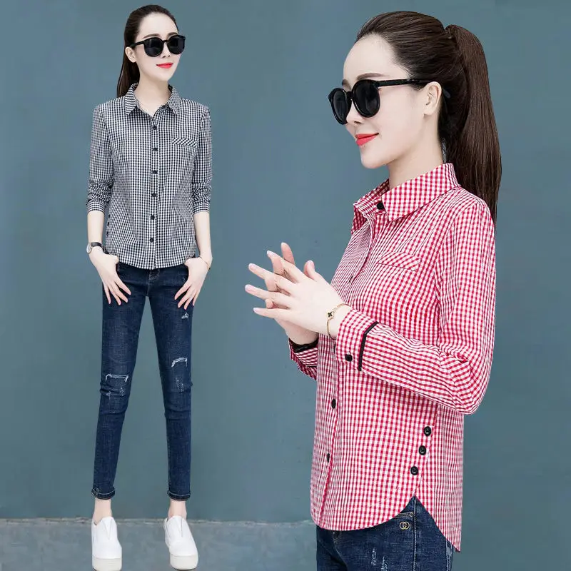 5XL Plaid Shirts Womens Blouses And Tops Long Sleeve Female Stripe Casual Print Shirts Slim Checked Lady Outwear Spring New 2022