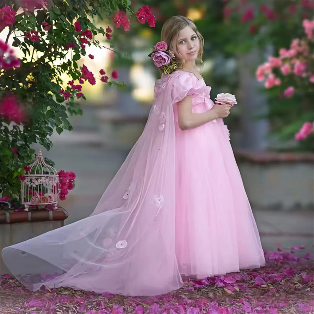 Vestidos florais árabes rosa personalizados para meninas, cristal com capa, flores 3d, mangas bufantes para crianças, casamento, festa de aniversário