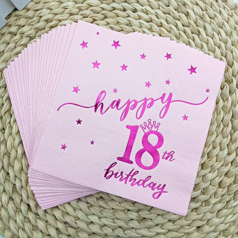 

20pcs Pink Hot Stamping Happy 18th Birthday Cocktail Napkin Girl's 18th Birthday Anniversary Party Cake Table Decor Supplies