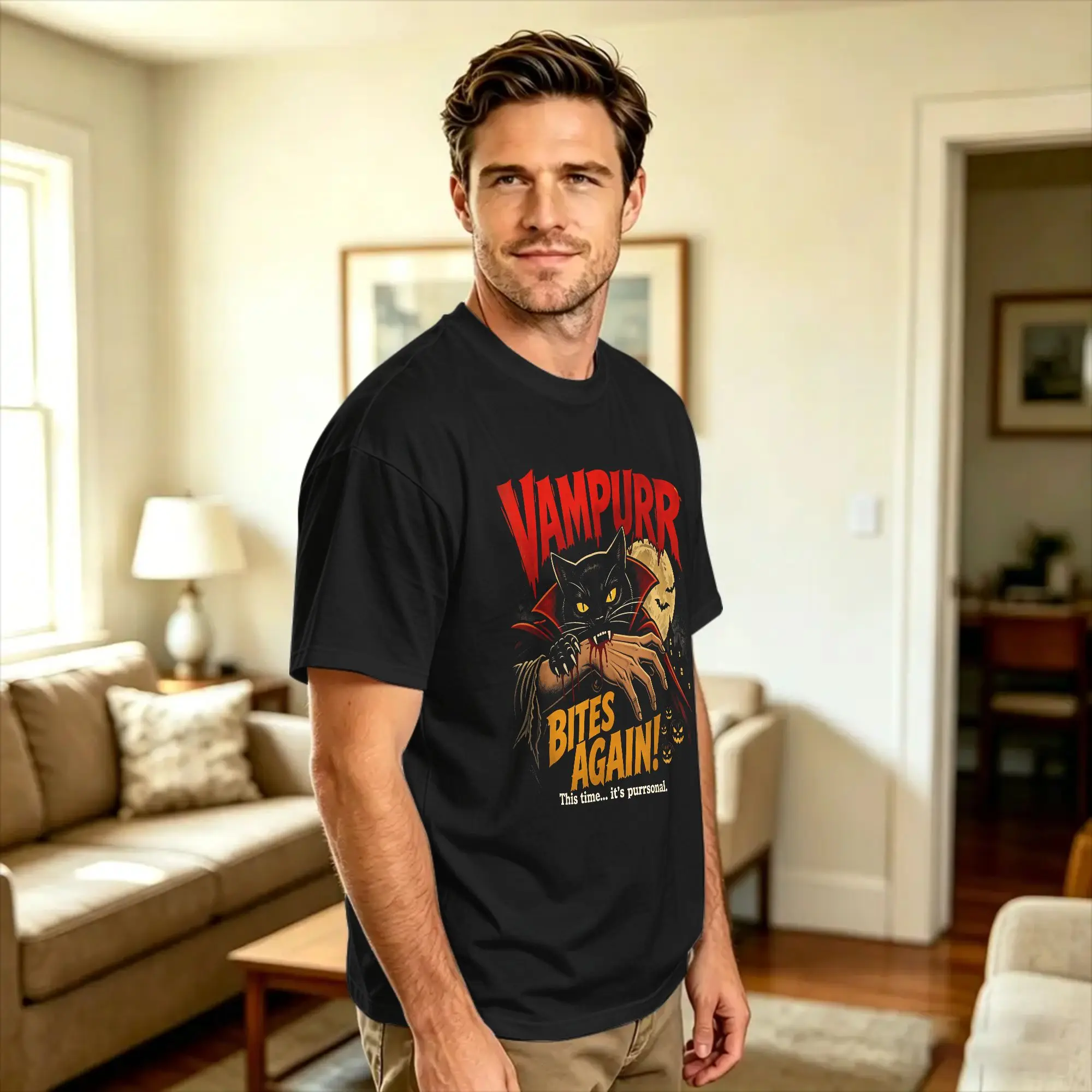 Men Women T Shirt Vampurr Bites Again Funny Cat Halloween Vintage Graphic T-Shirts Popular  Summer Tee Shirt Pure Cotton Clothes