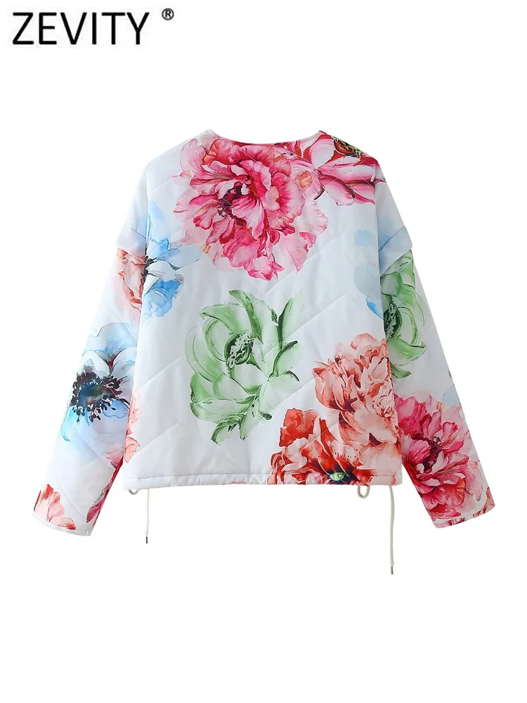 ZEVITY 2024 Women Fashion O Neck Floral Print Quilted Jacket Female Chic Retro Long Sleeve Hem Lace Up Casual Coat Tops CT6285