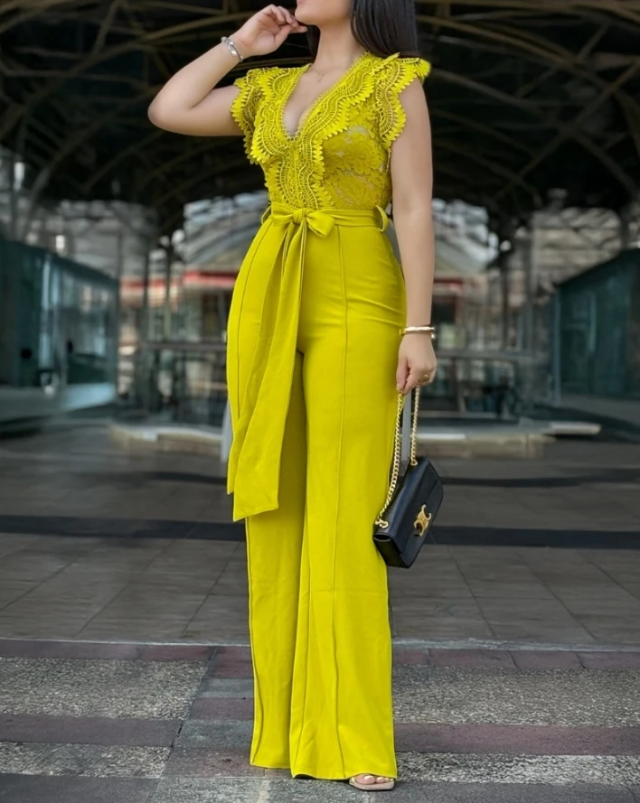 Jumpsuit 2025 V Neck Scallop Trim Sleeve Lace Patchwork Bow Tie Waist Jumpsuit Casual Seam Front Zipper Back Wide Leg Jumpsuit