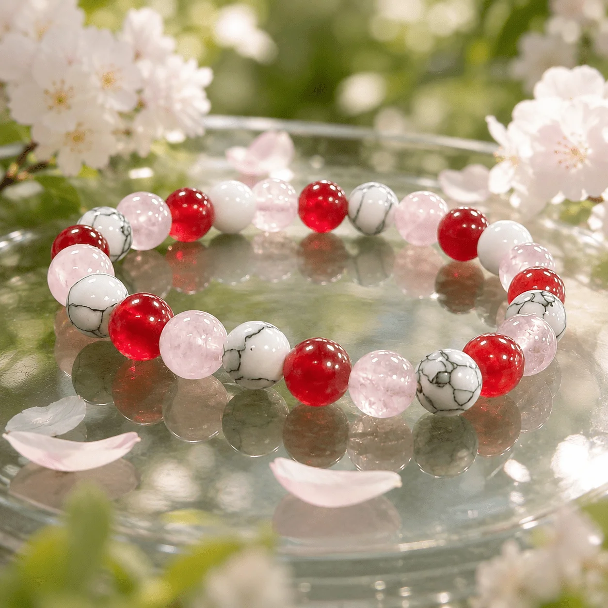 Inner Glow Beaded Bracelet , Red Pink White Stretch Bracelet, Symbolic Love Calm Courage Jewelry, Meaningful Gift for Mom,Sister