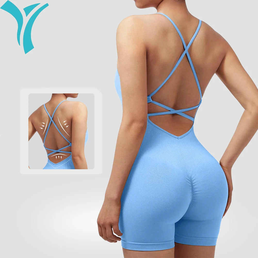 Yoga Sxy Criss Cross Backless Cami Sports Romper,Women\'s Jumpsuits Ribbed One Piece Workout Sleeveless Rompers Tank Top Shorts