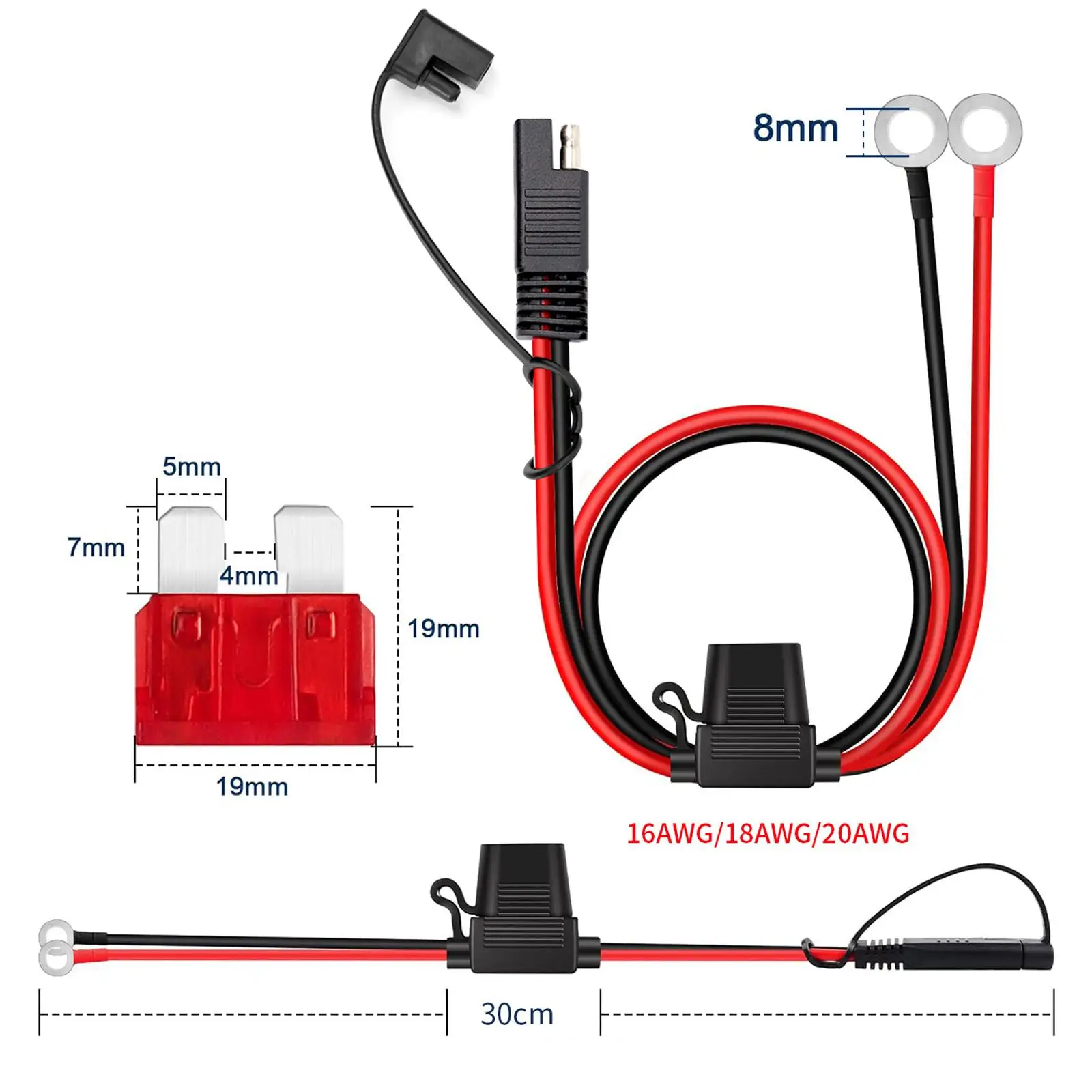 2Pcs 16AWG SAE Battery Connector Cable Accessory Plug Copper Wire SAE to O Rings Terminal Harness for Vehicle Outdoor Equipment