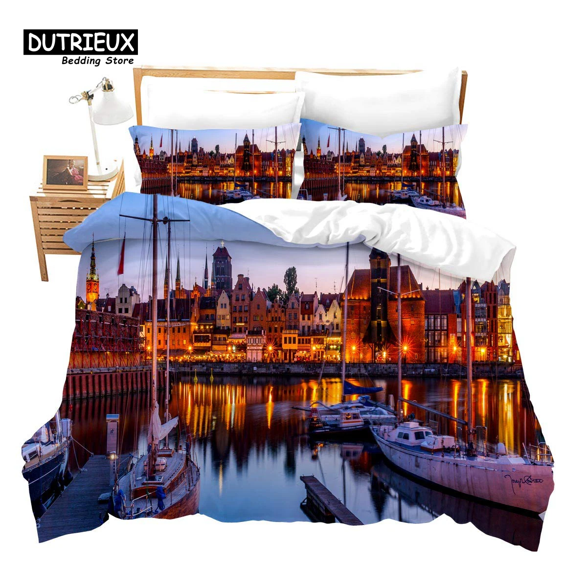 

Romantic European Town Bedding Set Cityscape Duvet Cover Set Night Scenery Tower Comforter Cover Ship Bed Cover Twin King Size