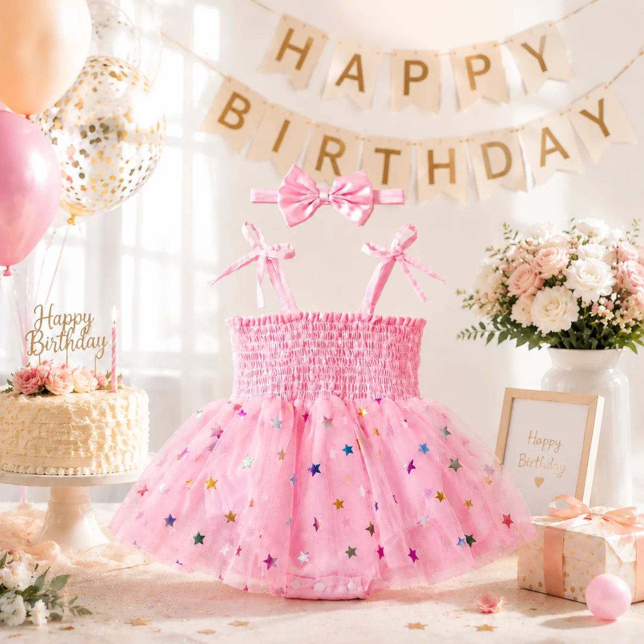 First Birthday Outfit Baby Girl Pink Smocked Romper Dress with Bow Headband Tulle Princess Party Dress Baby Photoshoot Outfit