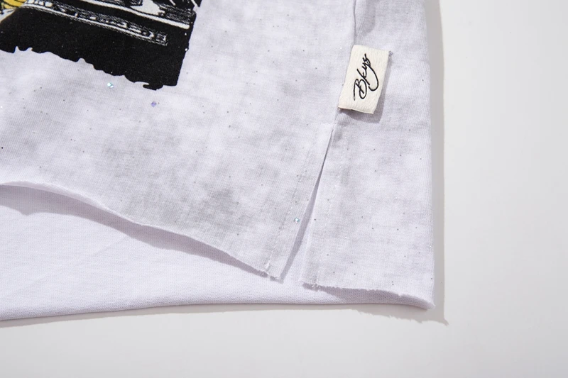 Weißes Acid Wash T-Shirt für Herren mit Strass-DJ-Konzert-Grafik Übergroßes Grunge Baumwoll-Sommer-Y2K-Streetwear-T-Shirt im Vintage-Stil – Detail 10