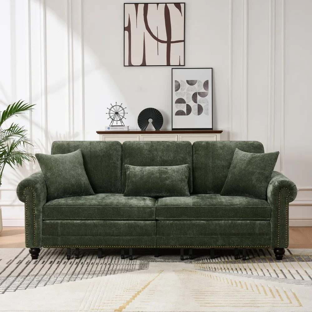 

86" King 3-in-1 Convertible Sofa Bed: 3-Seat with Nailhead Trim & Rolled Arm, Green Chenille