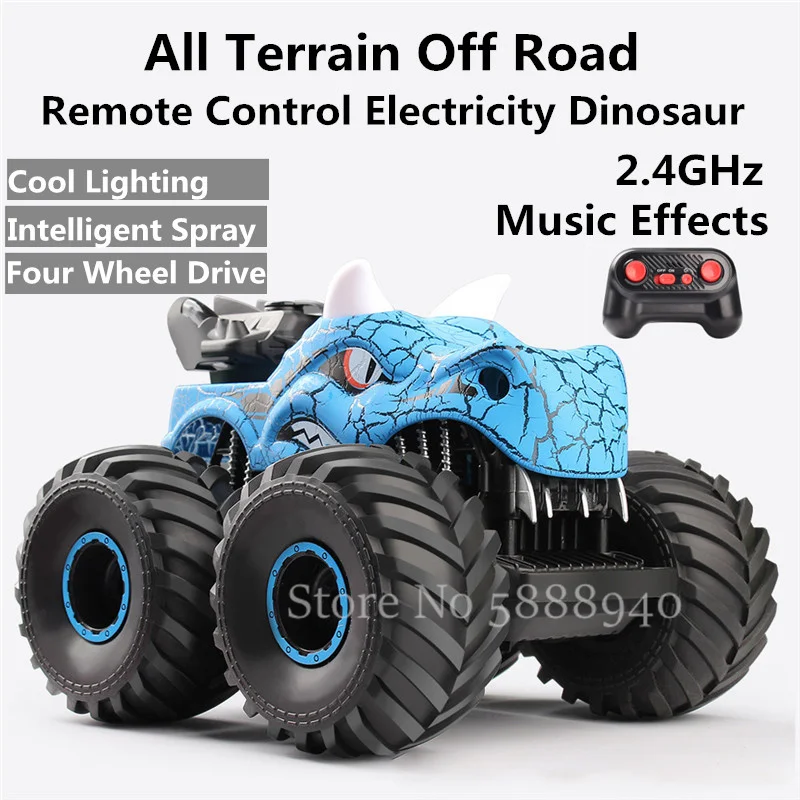 All Terrain Off Road Remote Control Electricity Dinosaur 360° Degret Rotating Larger Wheels Climber Spray Stunt RC Car Kids Toy