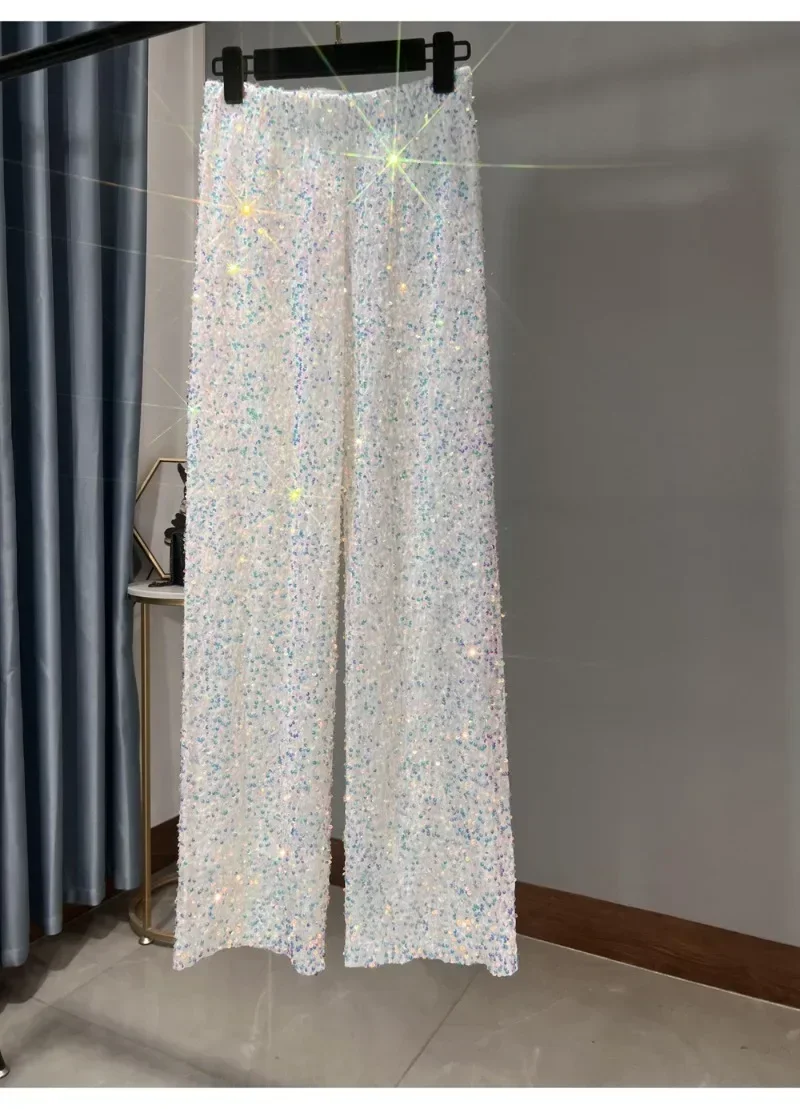 Korean Fashion Pants Women Elastic Waist Sequins Wide Leg Y2k Trousers Shiny Loose Slim Full Length High Street Casual Straight