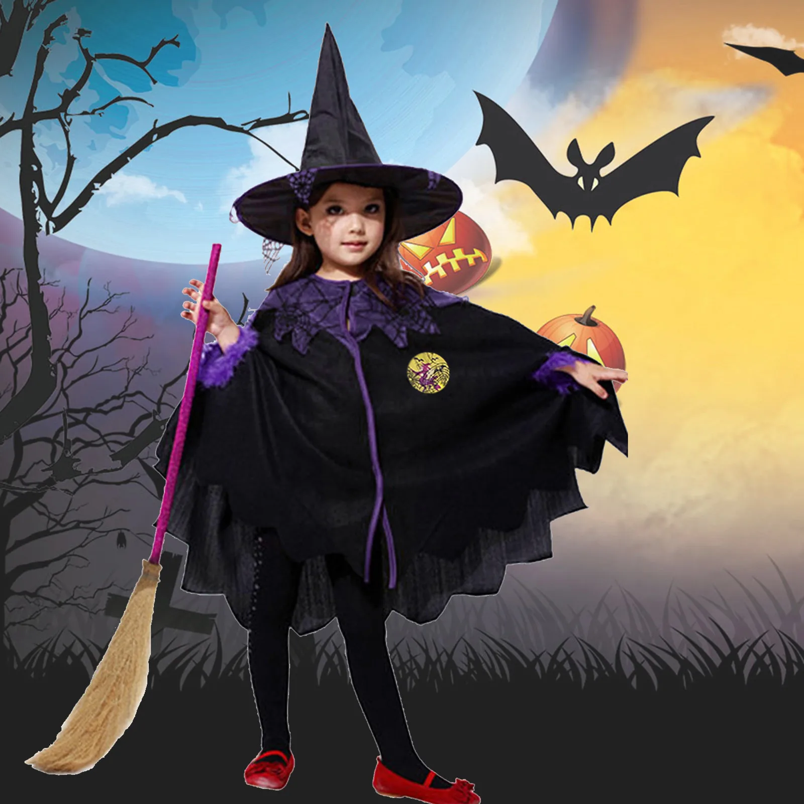 

Children Purple Witch cosplay Black Cloak Costume Girls Wizard Dress Kids Halloween Clothes Bat Spider Party Cosplay Girl Outfit