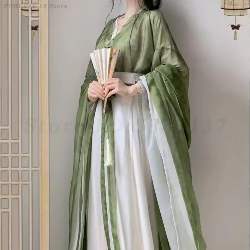 Wei Jin Style Hanfu Dress Women's Elegant Cross-Collar Wide Sleeved Tang Suits Chinese Traditional Clothing Ancient Costume