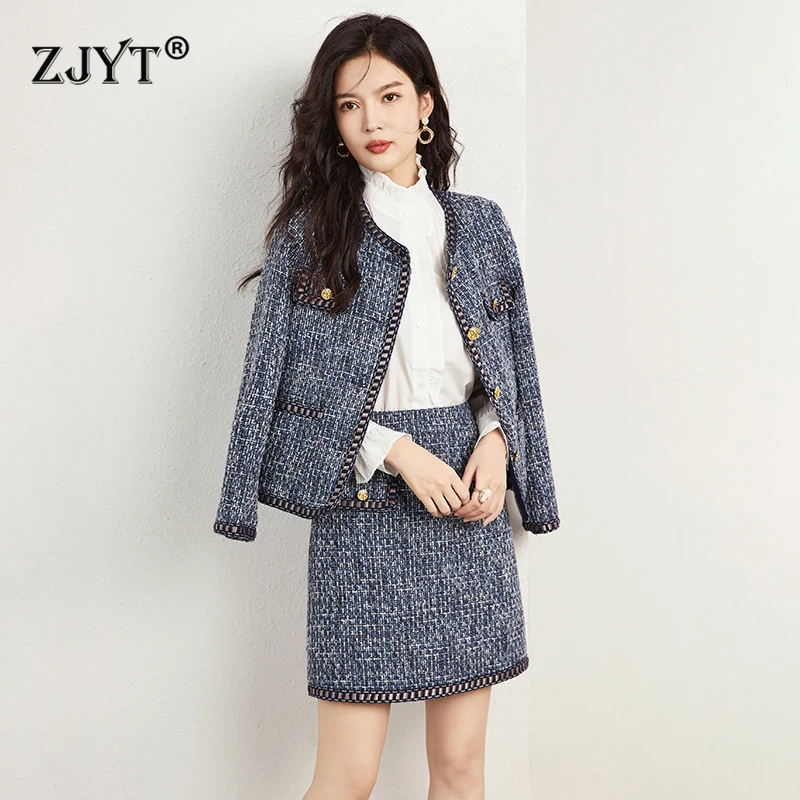 ZJYT Runway Designer Winter Outfits 2 Piece Women Vintage Tweed Woolen Jacket and Skirt Set Suit Elegant Party Dress Sets Blue