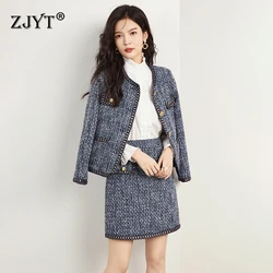 ZJYT Runway Designer Winter Outfits 2 Piece Women Vintage Tweed Woolen Jacket and Skirt Set Suit Elegant Party Dress Sets Blue