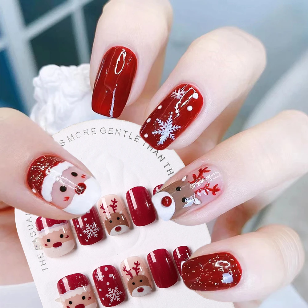 24 pièces mignon noël court carré presse sur ongles père noël Elk dessin animé faux ongles blanc flocon de neige brillant nouvel an faux ongles #