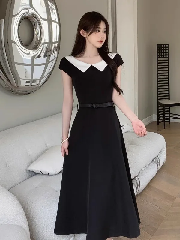 Emagrecer A-Line Dr com cintura plissada e gola em cores contrastantes para mulheres verão coreano Sle Commute ort Sve Lon...