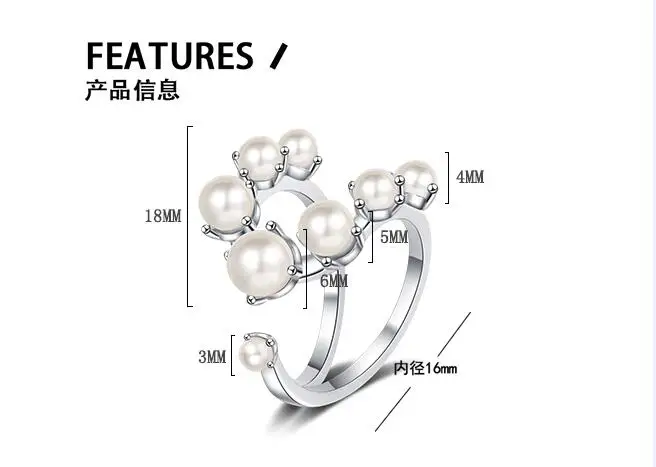 925 Sterling Silver Pearl Geometric Shape Adjustable Size 6-8 Finger Rings Fashion Platinum Plated Jewelry For Women Gift