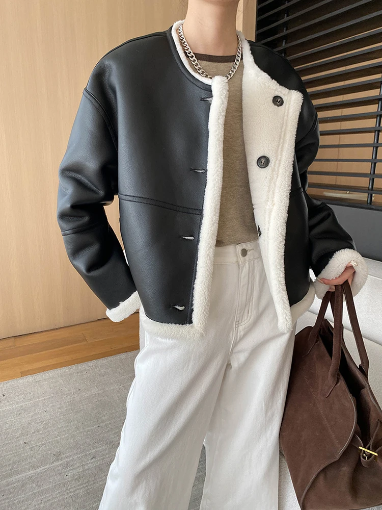 [EAM] Black Pu Leather Thick Both Side Wear Big Size Jacket New Lapel Long Sleeve Women Coat Fashion Autumn Winter 2025 1DH7735