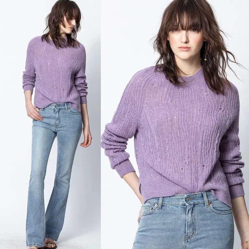 

Autumn and Winter New French Niche ZV Women's Crochet Hollow Cashmere Solid Color Purple Slit Sweater Knitwear