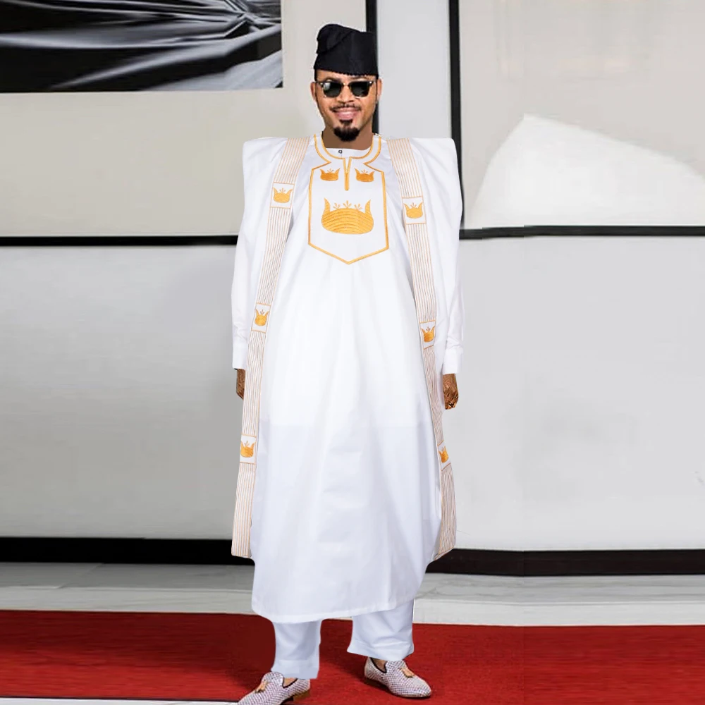 

H&D 2024 African Clothes for Men Traditional Rich Bazin Original Embroidery White Clothing Men 3 PCS Set Wedding Party agbada