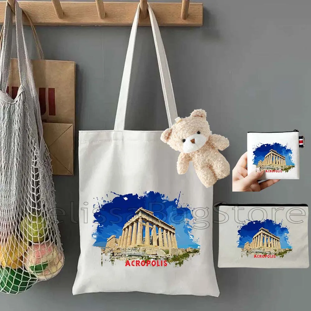 

4PCS Gifts Set Acropolis Greece White Canvas Tote Bag Handbag with Doll Key Coin Purse Cosmetic Makeup Toilet Bag Case Pouch