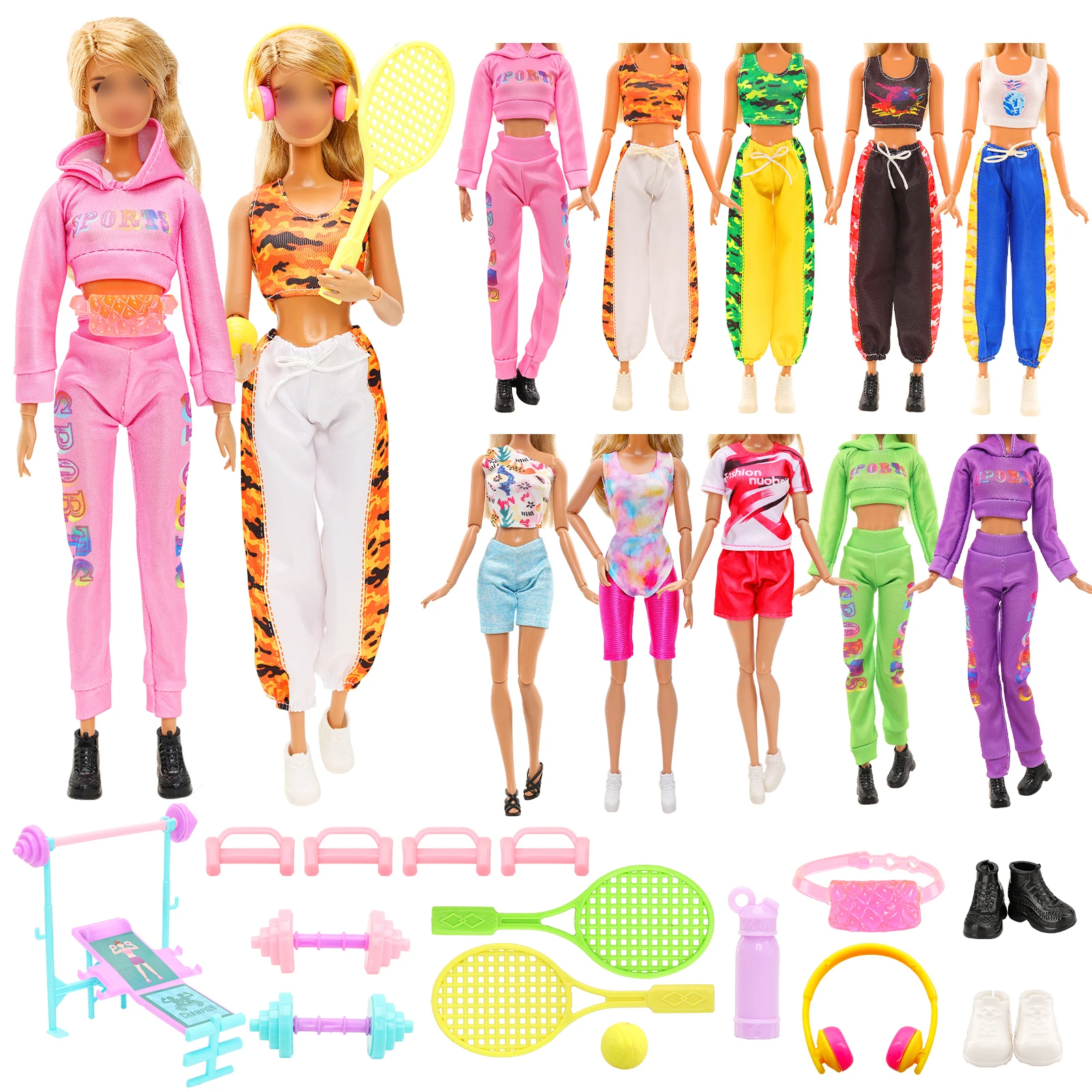 

BARWA Girl Doll Sport 17 Piece Set=3 Sportswear, Dumbbell Lifting 8 Piece Set, Other 6 Accessories For 11.5 Inch Girl Dolls