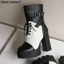BlackWhite Ultra High Heel Waterproof Platform Thick Heel Women Motorcycl Boots Round Toe Booties 44 45 Men's Women's Same Style