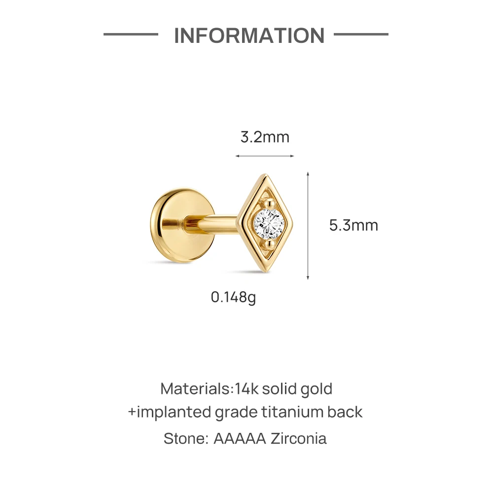 Aide 14K Solid Gold CZ Cartilage Stud Earrings Shiny Zircon Assorted Star/Marquise Piercing Earrings for Women Ear Studs Jewelry