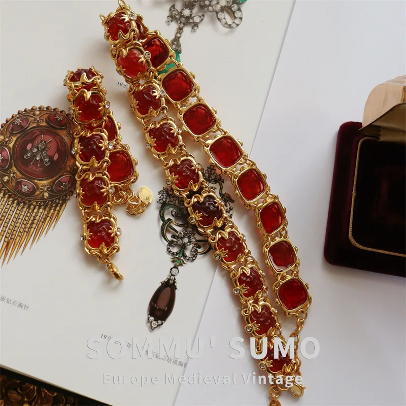 European and American Red Necklace Chinese Style Vintage Vintage New Year Color Lava Jelly Glass Gold-Plated Bracelet for Women