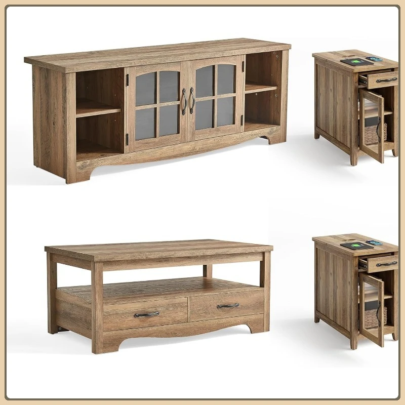 طقم طاولة مكون من 4 قطع من Farmhouse، حامل تلفزيون مقاس 65 بوصة وطاولات نهاية الشحن، بني #1