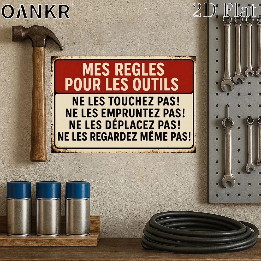 Funny Antique French Tool Warning Metal Tin Sign, Vintage Funny Workshop Rules Wall Art for Garage Man Cave Home Bar Decoration