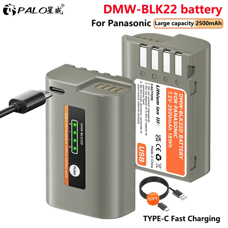 PALO 2500mAh DMW-BLK22 DMW BLK22 Bateria z wejściem typu C dla Panasonic LUMIX DC-S5 DC-S5K GH6 S5M2X DC-G9 DMC-GH3K GH4K