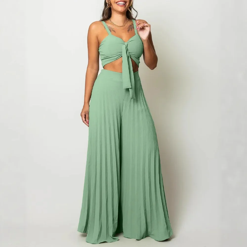 

Cold Shoulder Shirred Cami 2 Pieces Outfit Bow Design Crop Top and Casual Elastic Waist Wide Leg Pleated Pants Set