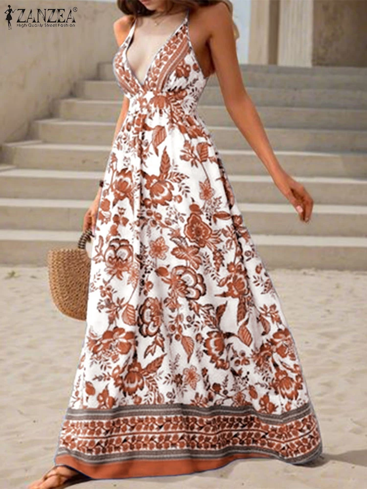 ZANZEA Sexy Spaghetti Strap Summer Long Dresses Women Elegant Maxi Sundress 2025 Halter Floral Print Beach Bohemian Party Robe