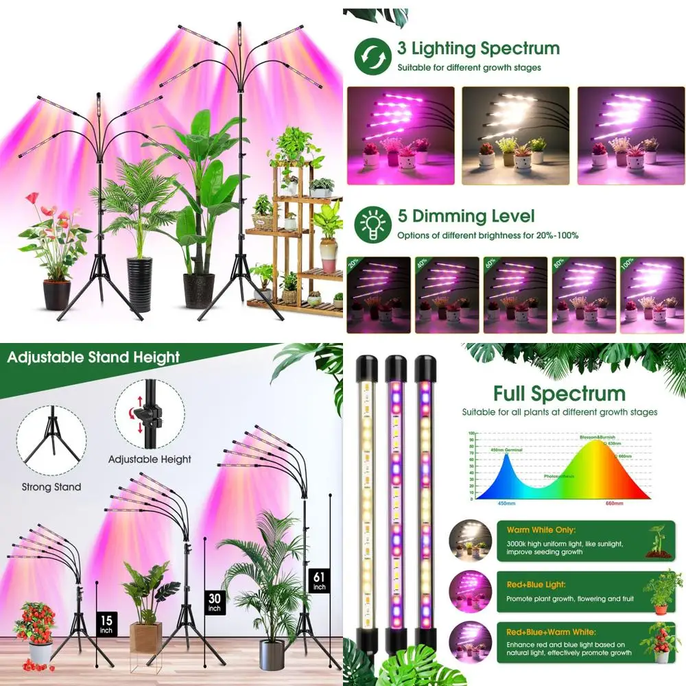 

Full Spectrum 5-Head LED Indoor Plant Grow Lights, 2 Pack with Adjustable Stands and Auto Timer for Optimal Plant Growth