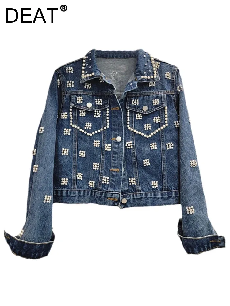 

DEAT Women's Denim Coats Pearls Diamonds Embroidered Flares Single Breasted Long Sleeve Jackets 2024 Autumn New Fashion 33A1647