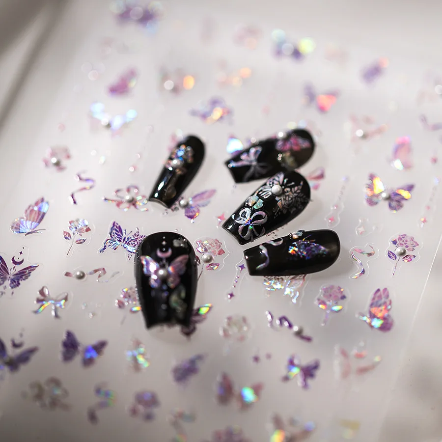 

1 pc 5D Purple Pink Butterfly Nail Sticker High Quality Exquisite Rose Bow Moon Starlight Design Self-Adhesive Nail Art Sticker
